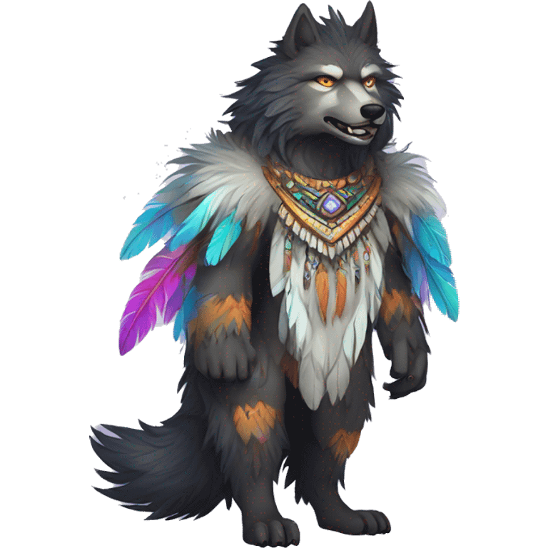 Fluffy Colorful Shy Spiritual Shamanic WereWolf With Shiny Tribal Markings wearing feathers Full Body emoji