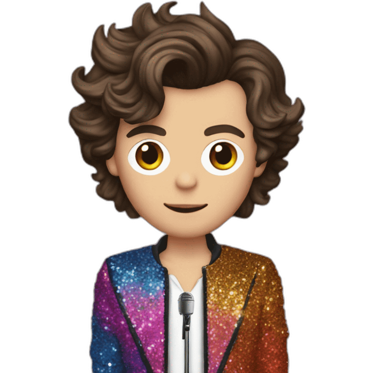 harry styles with a colourful and glitter outfit with a microphone  emoji