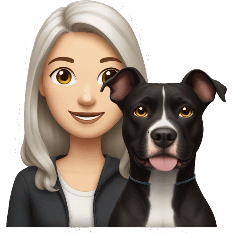 white woman with long brown hair and cat shaped eyes standing alongside a happy black pitbull  emoji