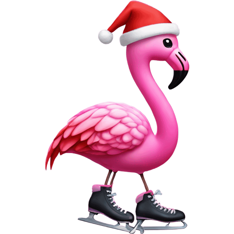 Pink flamingo in ice skates and Santa hat emoji