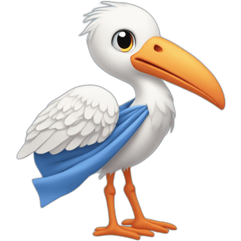 White stork carrying a blue bundle of cloth in its big beak that has a cute human person cute baby boy inside and his head is peeking from the fabric the strok is carrying in its beak emoji