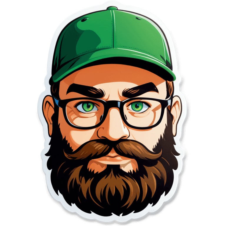 A man with a baseball cap, green eyes, big beard and glasses emoji