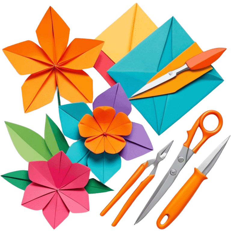 Paper crafting icon, various paper crafts like origami, 3D paper flowers, and scrapbooking materials, visible tools such as scissors, glue stick, and colour paper sheets, colorful paper patterns, minimalistic style, clean lines, transparent background. emoji