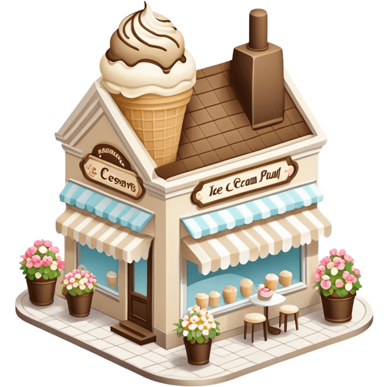 isometric exterior view of a beige and white ice cream parlour adorned with abundant florals emoji