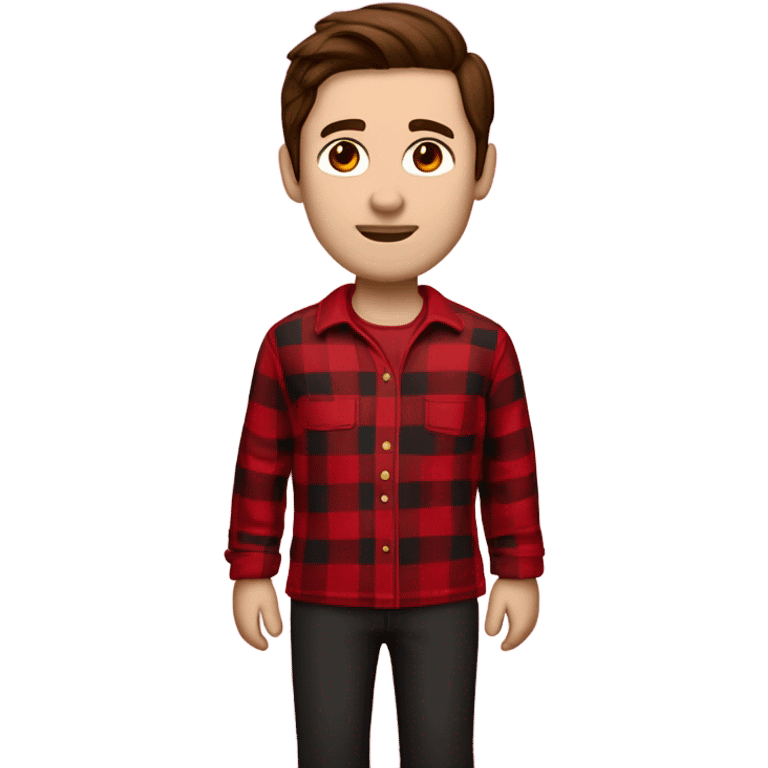 Man with straight brown hair and brown eyes wearing red and black buffalo plaid pjs. White skin. Full body. emoji