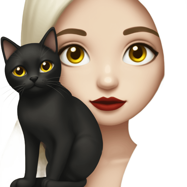 A teenage girl with white skin, she have some green hazel eyes, red lipstick, long straight dark brown hair, she have an eyeliner and she is holding a black cat that have some yellow eyes , view from close emoji