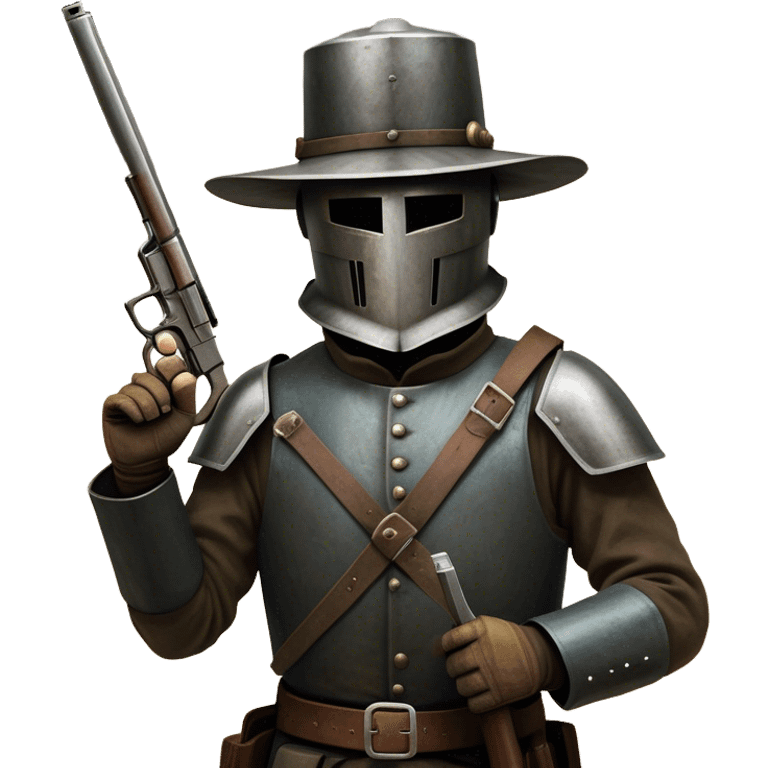 Cinematic Realistic Ned Kelly Portrait Emoji, depicted as the legendary Australian bushranger in his iconic homemade iron helmet and armor, gripping a revolver with a defiant stance. The scene is rendered with gritty textures and dramatic, shadowed lighting, evoking the lawless frontier and his rebellious, fearless legacy. emoji