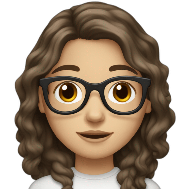 White Girl with wavy dark brown long hair, brown eyes and glasses emoji