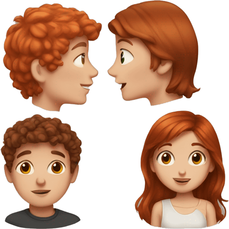 Boy with brown hair and girl with red hair and freckles kissing emoji