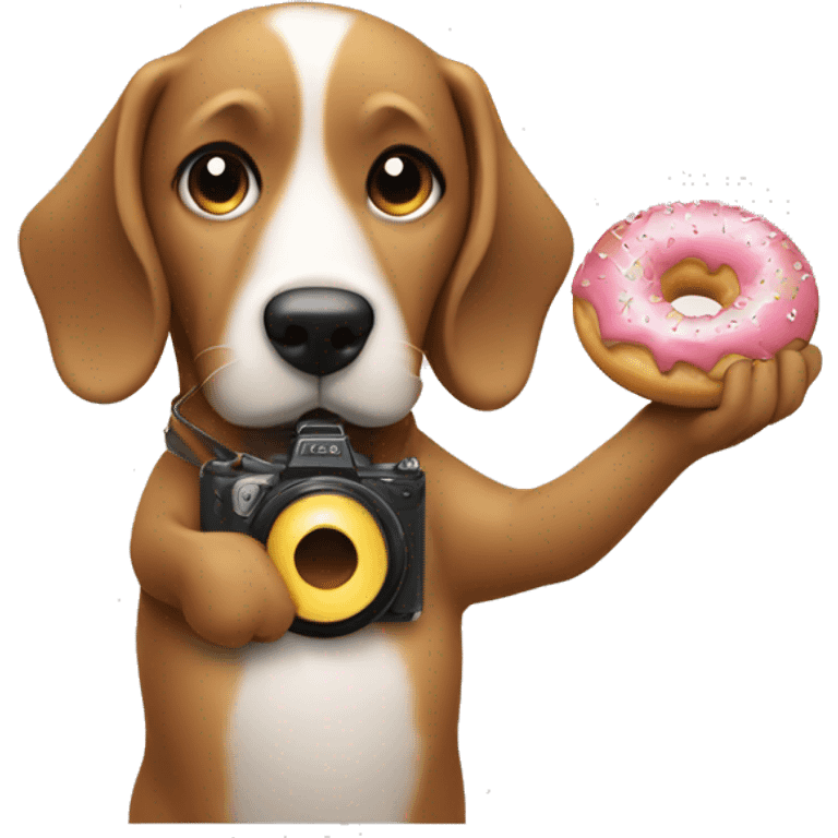 The dog holds a donut and a camera in his hand  emoji