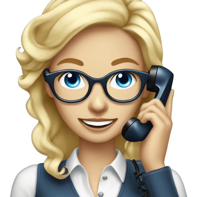 Elegant real blonde lady with glasses happy blue eyes talking on a phone  emoji