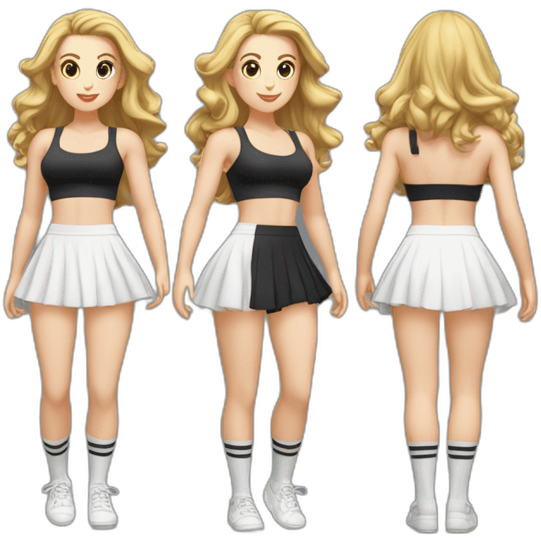 alistic-full-body-caucasian-curvy-beauty-jumping-short black-skirt-back-and-front-views-strong-wind-knickers-long-white-socks emoji