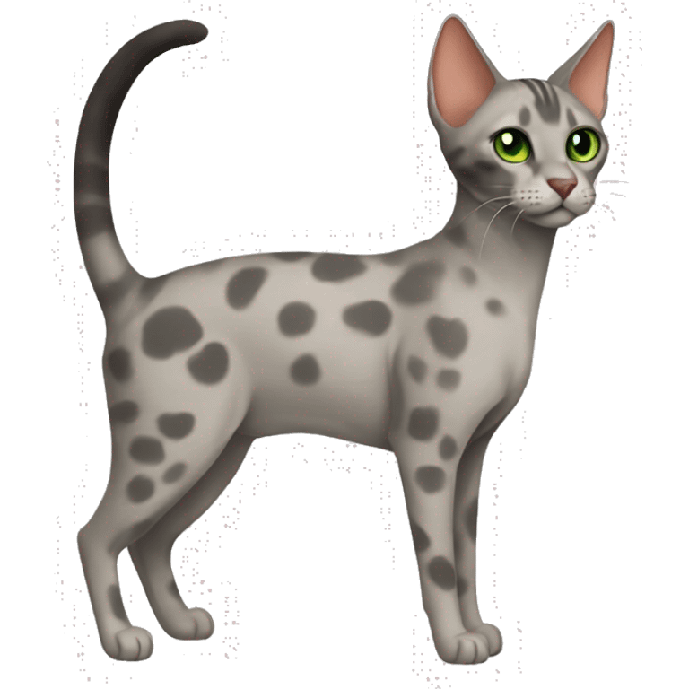 Short-haired oriental cat ,full body , grey coat with spots , green eyes , terracotta nuzzle emoji