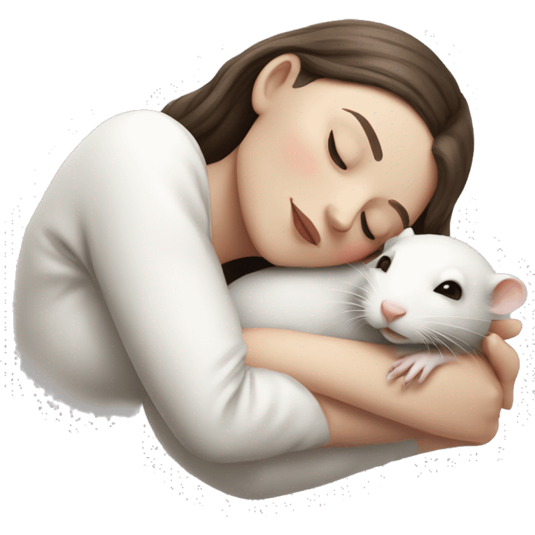 white brunette sleeping woman cuddling with one tiny white rat with red eyes emoji