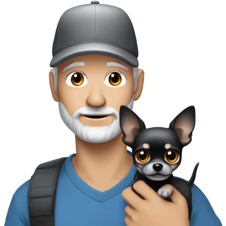 Handsome blue eyed man, with grey hair,  and grey goatee beard, wearing ball cap, holding a black long hair chihuahua  emoji