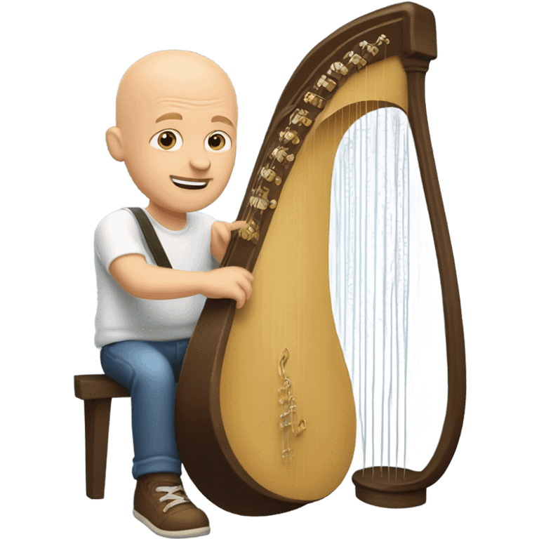 bald white guy casual with ball cap playing a big harp that looks similar to a banjo  emoji