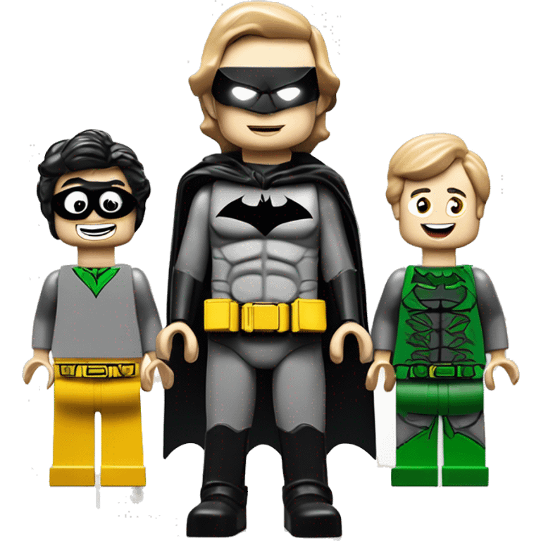 batman boy boy 3 lego-like figures in a family portrait style image on a plain white background>

A man in a batman costume stands in the back, with 2 young  boys in plain clothes in front of him. emoji