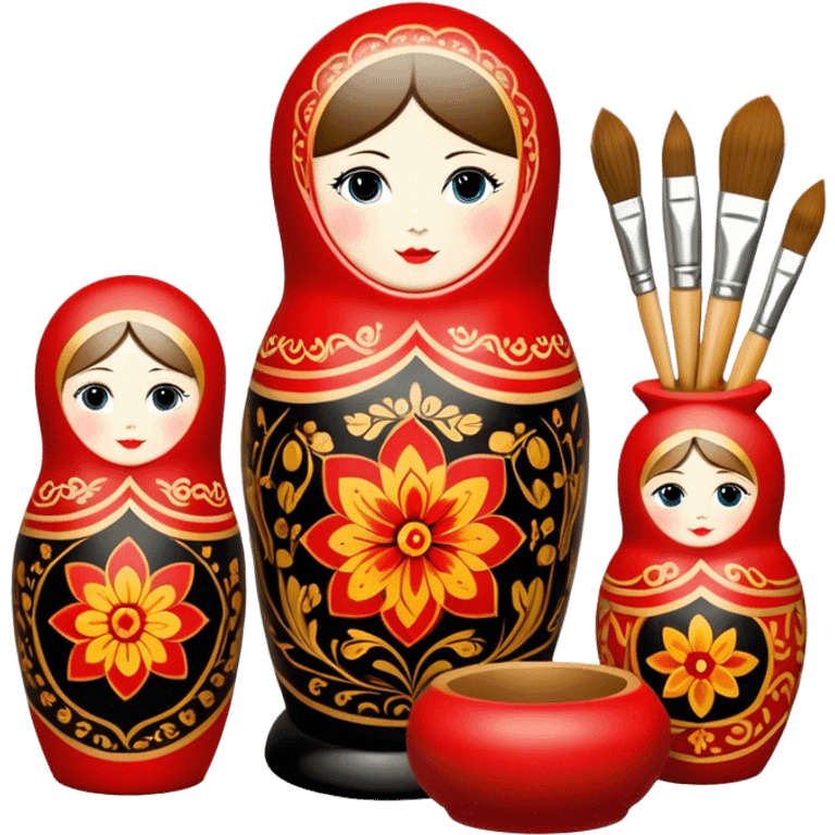 Wood painting icon, process of creating painted wooden matryoshkas (nesting dolls) of various sizes, vase, and small wooden box, visible carving tools, paintbrushes, traditional patterns in bright colors like red, gold, and black, no finished artwork, just the crafting process, minimalistic style, clean lines, transparent background. emoji