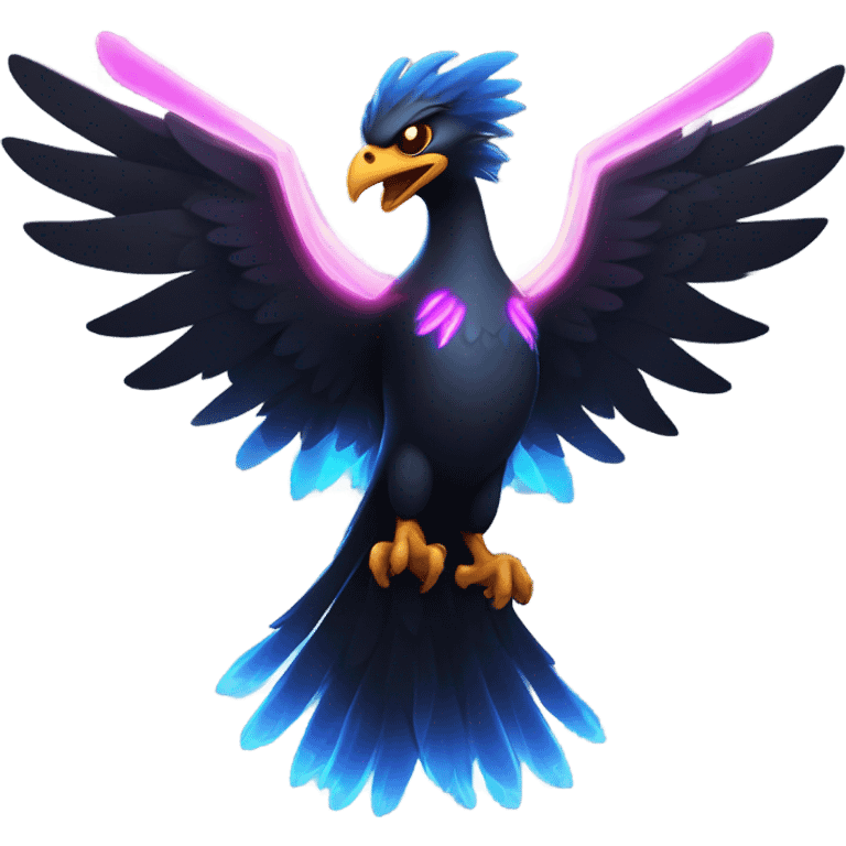 Cartoon-style black phoenix, shoulder-up, aggressive expression, dark muted colors, holding glowing neon light sticks (blue and pink) in wings, party theme, optimized for Twitch emote sizes, no background emoji