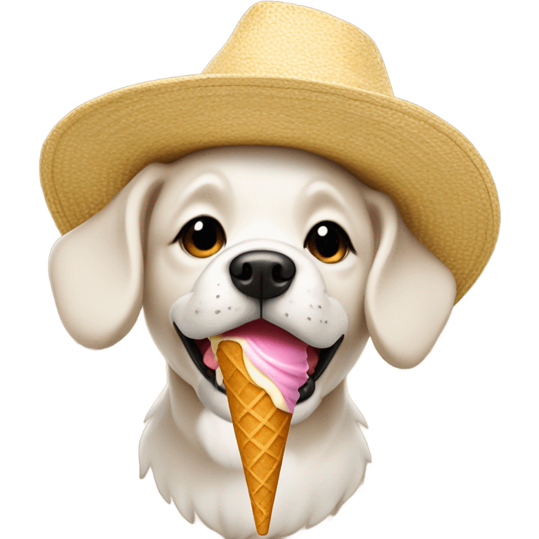 Dog eating ice cream with a sun hat on emoji