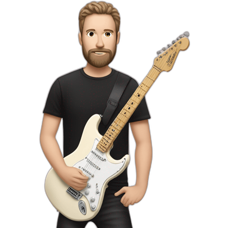 white man with dark beard and black t shirt and pastel pink stratocaster electric guitar emoji