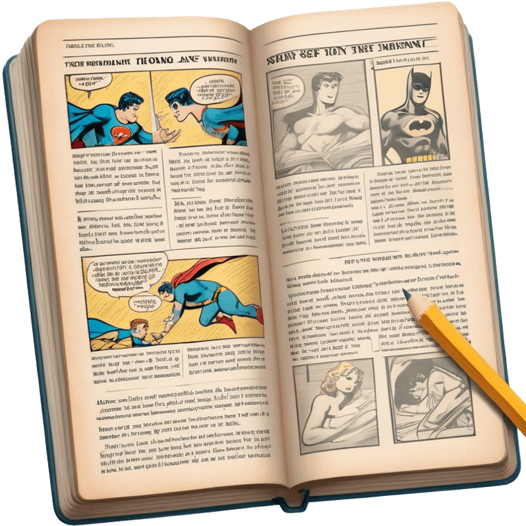 Create a detailed emoji representing the process of writing texts for comic books. The design should feature a large, open comic book with vintage comic strips visible on its pages. A pencil should be shown writing text on one of the comic panels, but without a hand. The pencil should appear as though it is actively creating the dialogue or narration. Use a classic color palette with muted tones for the comic book and brighter accents on the pencil to draw attention to the writing process. Do not include any emojis or smiley faces. Make the background transparent. emoji