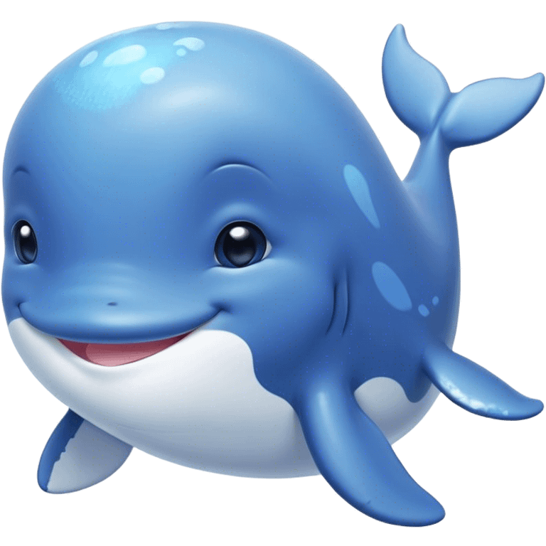 Cinematic happy baby whale, chubby rounded body, tiny smiling face, soft pastel blue hues, gentle glowing waves around, joyful and soothing. emoji