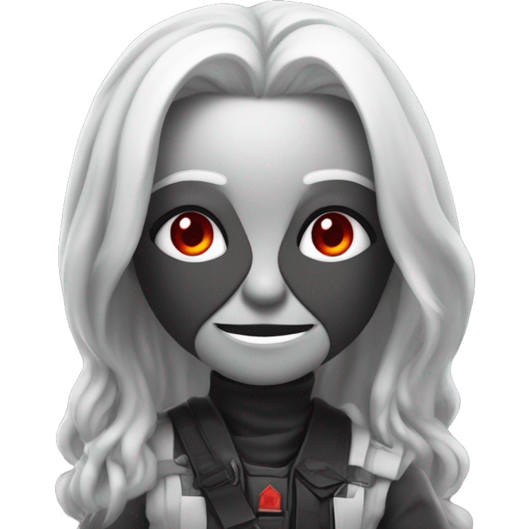 Specter, with long silver hair and red eyes, wears a revealing black and white outfit with tactical elements, striking a playful pose with a confident smirk. emoji