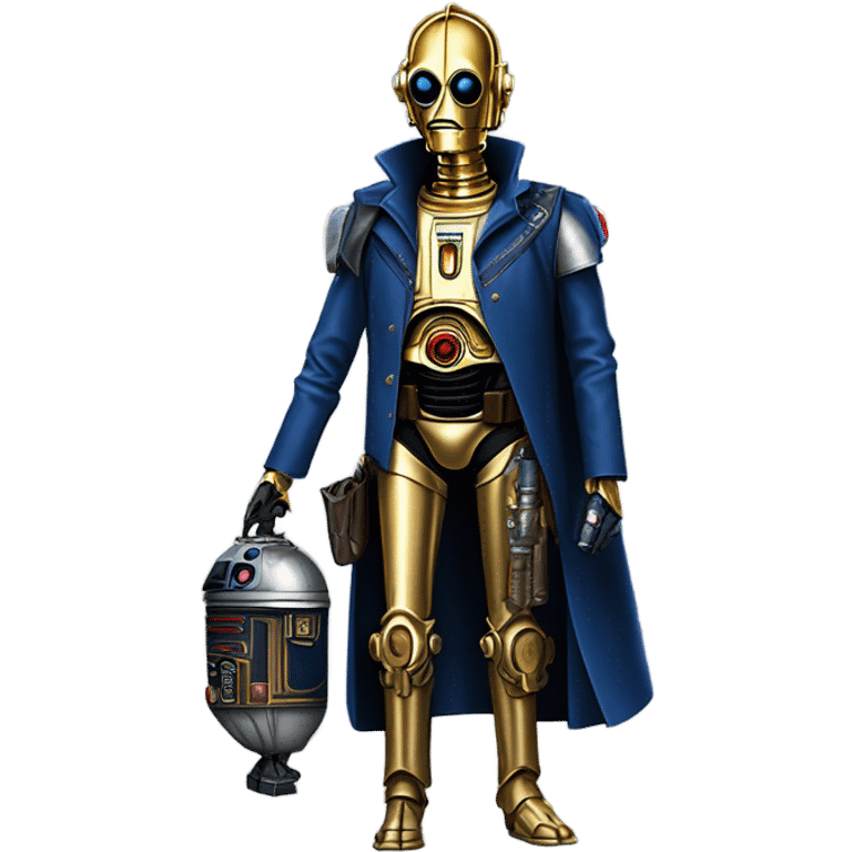 human-sized darkblue-pearl friendly bounty hunter c3po droid wearing leather wild west duster, backpack, saddlebags holding light saber ready to fight but relaxed. antique emoji