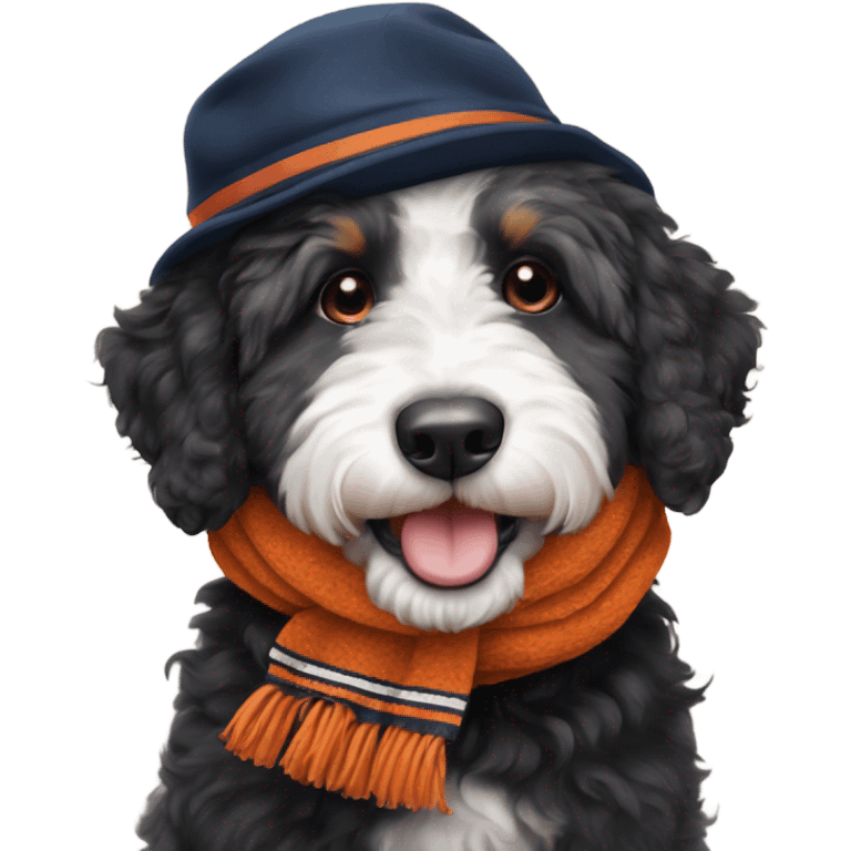 Bernedoodle with chicago bears hat and scarf emoji