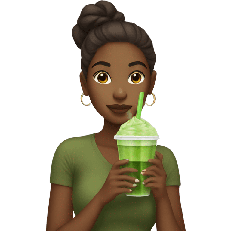 Brown skin girl sipping iced matcha emoji