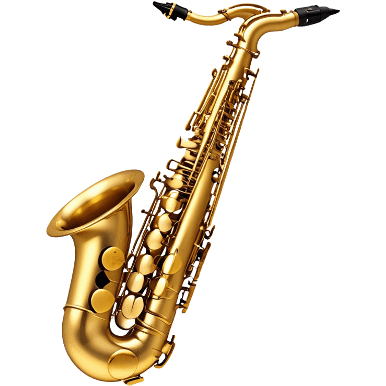 Create a sleek and sophisticated emoji representing the Selmer Super Action 80 Series II saxophone. The design should feature the smooth, golden brass body of the saxophone with its shiny keys and beautiful curves. Highlight the iconic bell of the saxophone and the fine details of the keywork, including the pads and springs. Include the mouthpiece at the top with a reed visible, capturing its essential role in sound production. Use rich gold and brass tones for the instrument with subtle light reflections to enhance its professional appearance. Add musical notes floating around the saxophone to evoke its smooth, jazzy sound. The background should be transparent. emoji