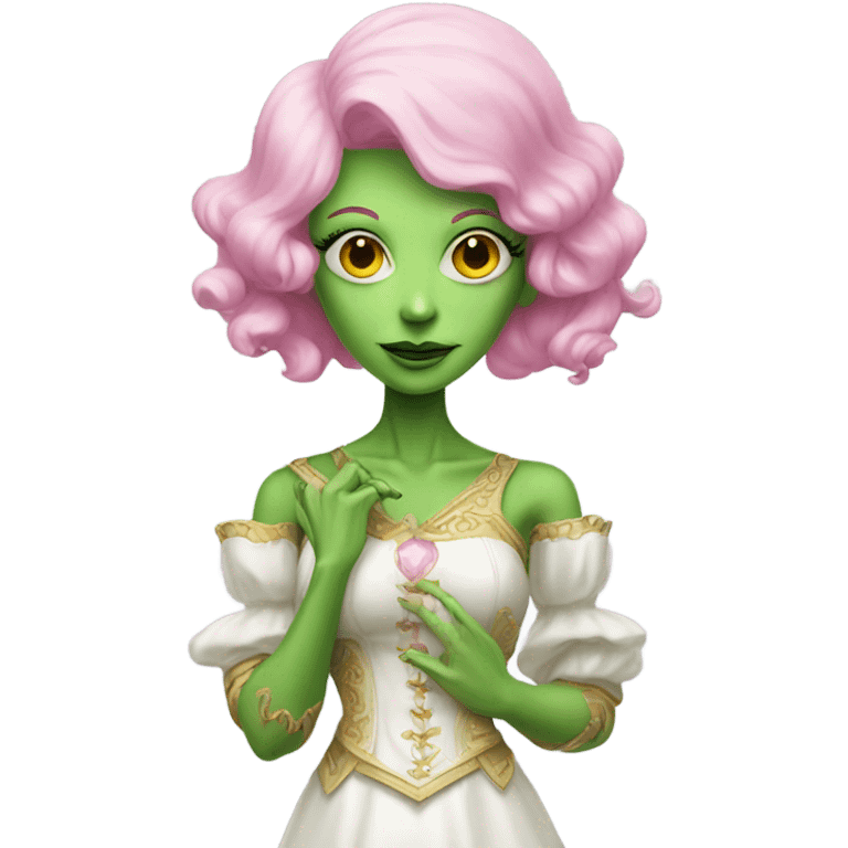 a green amazon alien woman in Victorian white gold full body pink hair emoji