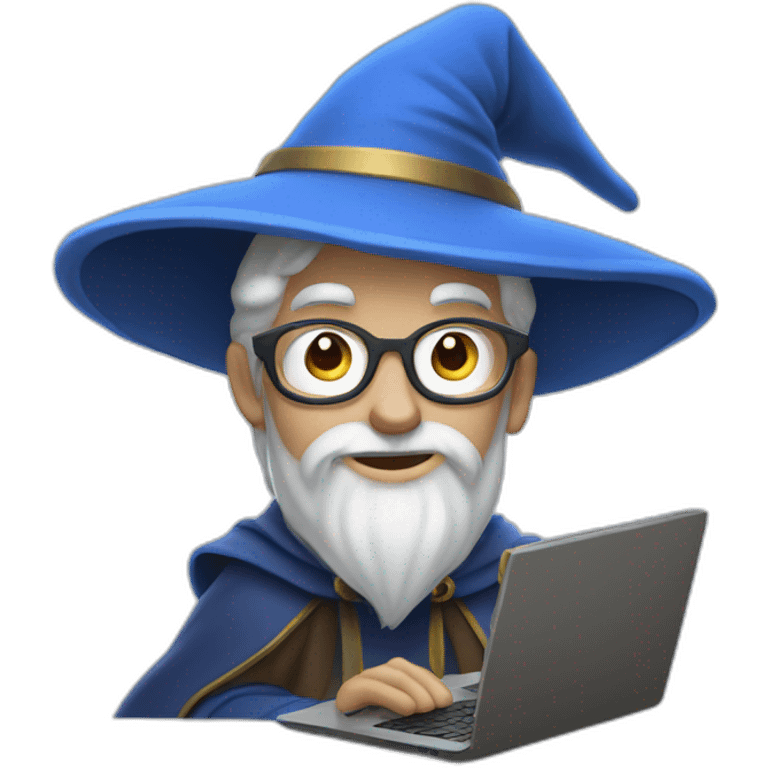 wizard Merlin with a laptop and blue hat in Pixar style emoji