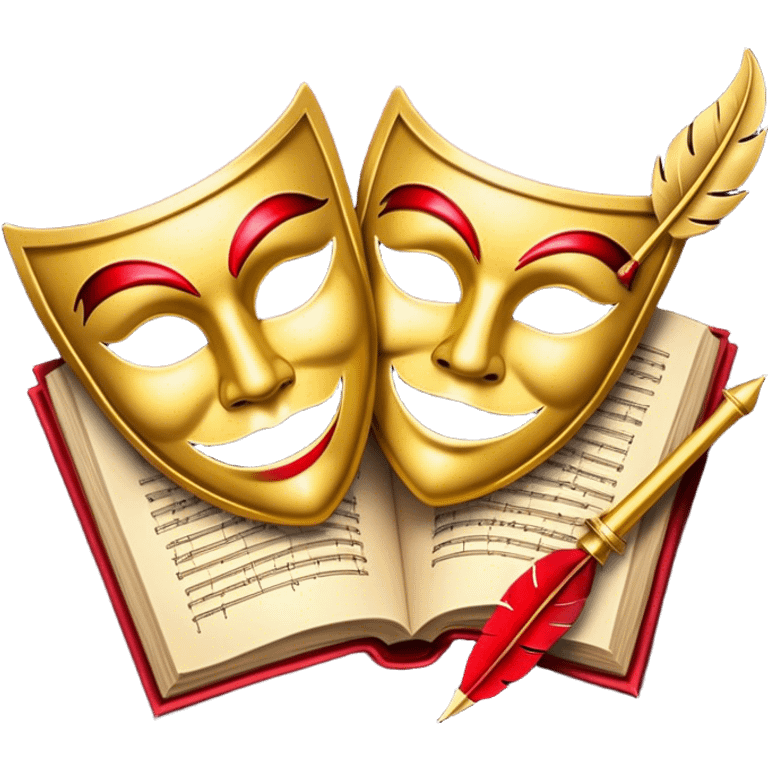 Create a bold and dramatic emoji representing the art of playwriting. The design should feature an open script or a theater playbook, with stylized text lines or dramatic dialogue inside. Include elements like a theatrical comedy and tragedy masks, a stage spotlight, or a quill to symbolize creativity and performance. Use deep, contrasting colors like red, black, and gold to evoke the intensity and passion of drama. The overall design should feel dramatic, inspiring, and artistic. Make the background transparent. emoji