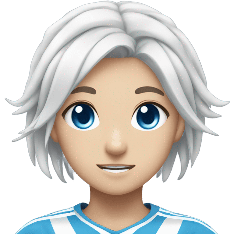 Anime girl, argentian soccer uniform. black goat horns, blue eyes, white short hair emoji