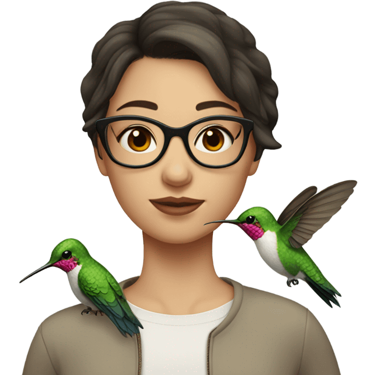 Girl pale , brunette, with short hair, wearing glasses with a hummingbird next to her emoji