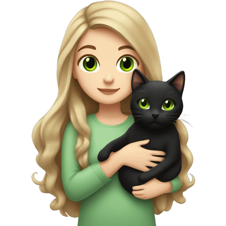 Girl with long brown hair and green eyes holding a black cat emoji