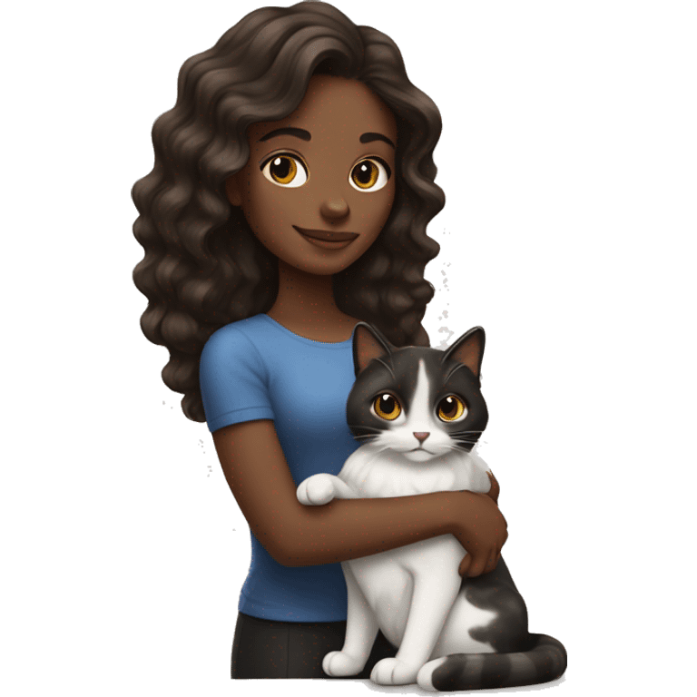 long wavy haired brown skin woman holding black and white cat emoji