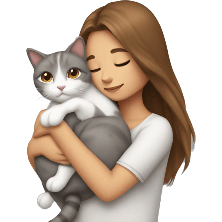 White grey cat cuddling brown long hair girl emoji