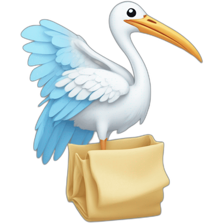 stork carrying a light blue bundle of cloth in its beak that has a human baby with dark hair and the baby face and head is peeking from the cloths bundle the strok is carrying with its beak emoji