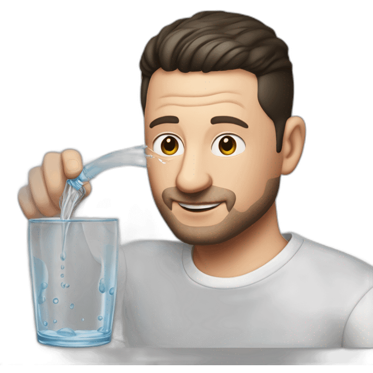 tim robinson dark black slicked back hair, wearing a white long sleeve t-shirt while pouring water from glass onto a steak emoji