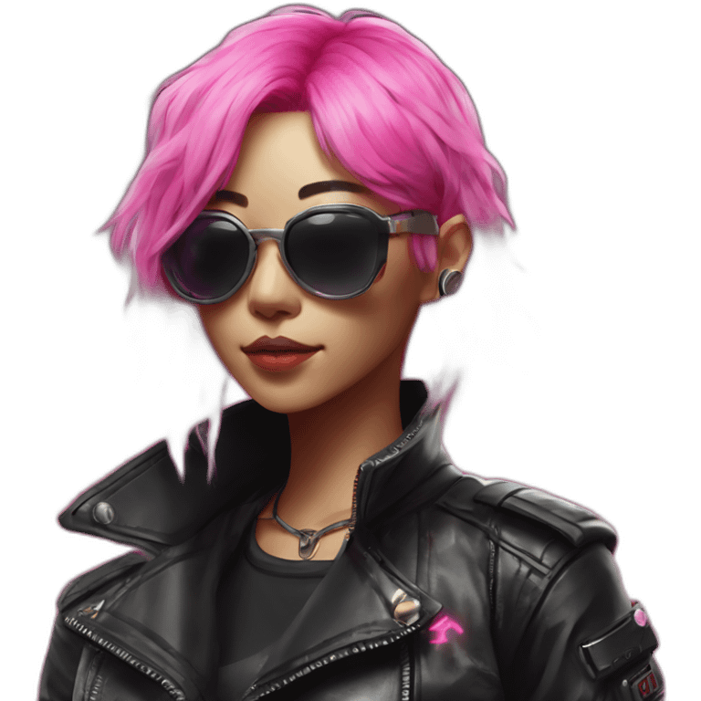 A Japanese woman with Pink hair wearing sunglases with Neon highlights and is also waering a leather jacket in a cyberpunk style emoji