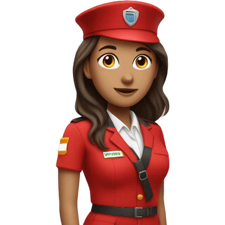 Recruitment girl in red uniform with QSense haft emoji