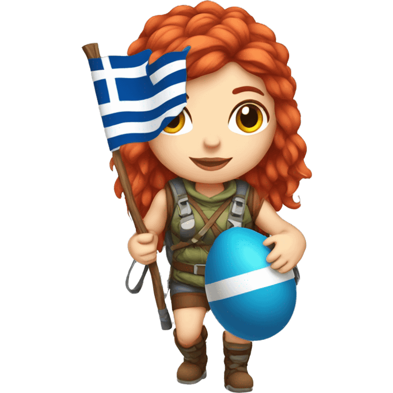 Greek Female winter mountaineer red hair white skin climbing with Greek Flag and Easter eggs basket emoji