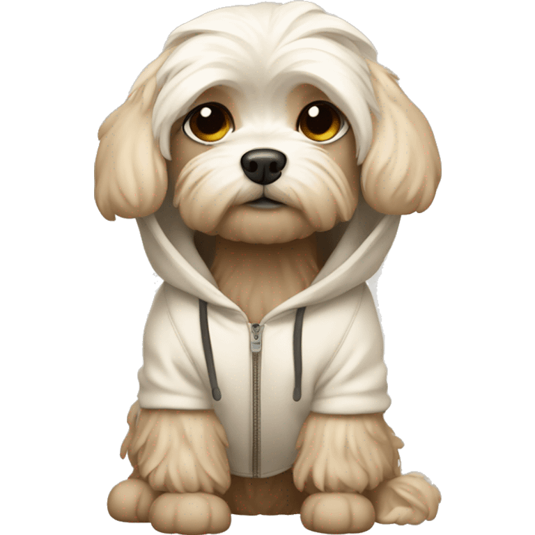 Maltese dog wearing a creme brown hoodie emoji