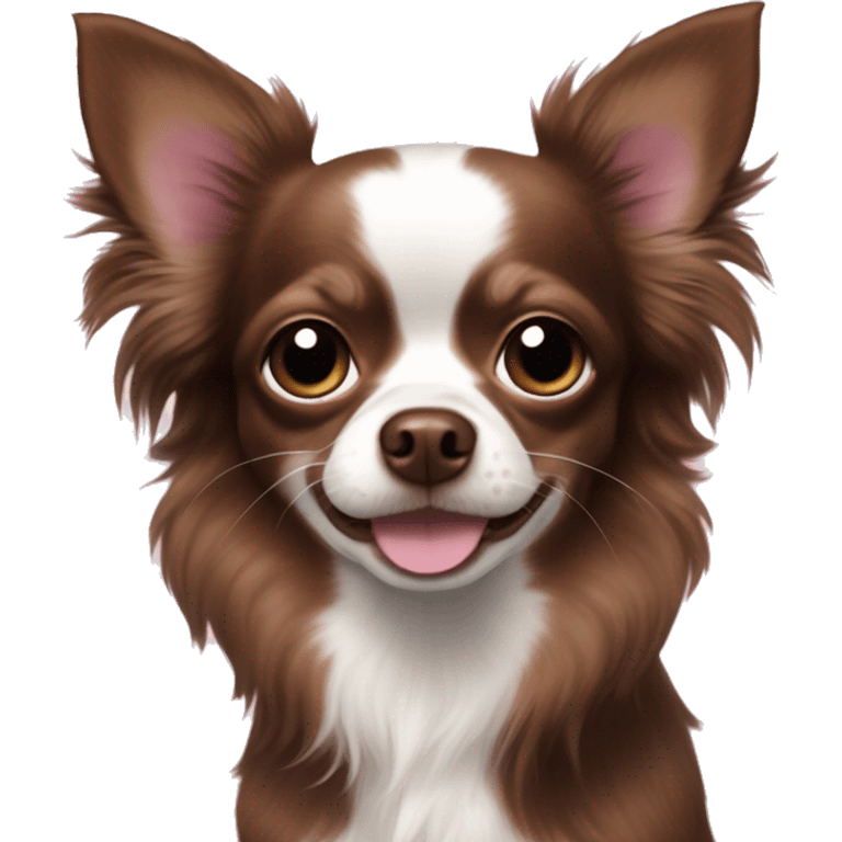 dark brown longhaired chihuahua with a small white dot n forehead and brown nose with a pink spot on the left emoji