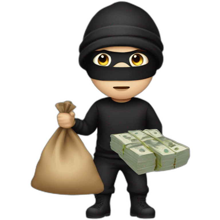 Thief wearing a white and black shirt with an eye mask and a black beanie holding a sack of money  emoji