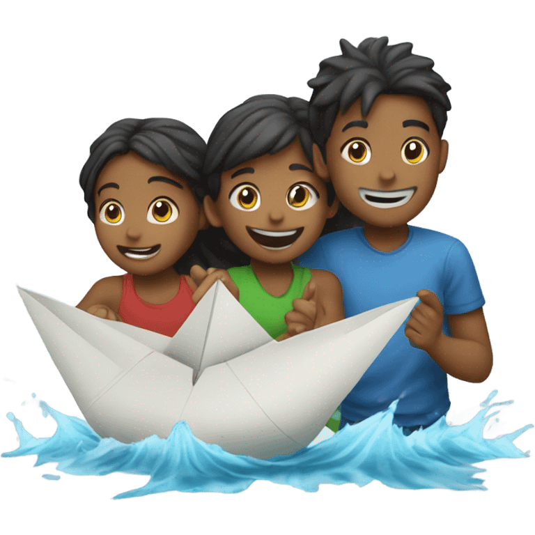 3 kids playing with a paper ship in the rain emoji