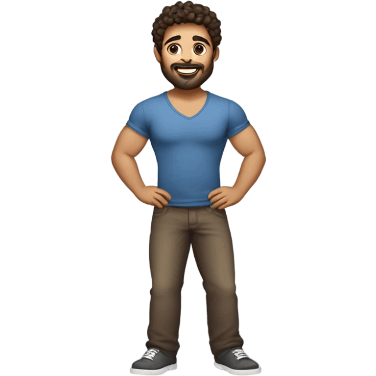 men holding his computer in hands. light brown skin men with curly dark hair, dark brown eyes, little grown beard. ust a tiny bit muscular. dressed casual. round face. emoji